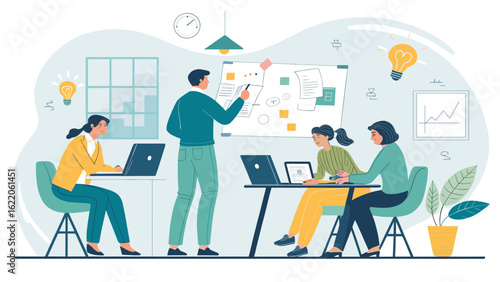 Team brainstorming session in modern office, perfect for project management or teamwork landing pages.
