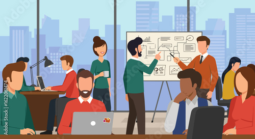 Diverse team brainstorming in modern office, perfect for business presentations or website landing pages.