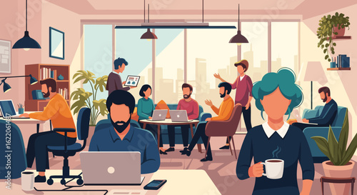 Diverse team collaborating in a modern co-working space, perfect for website banners or business brochures.