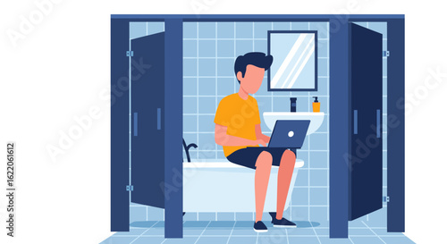 Man working on laptop in a bathroom stall - perfect for articles about remote work, unusual workspaces, or humor.