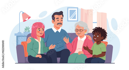 Happy multigenerational family sitting together on a couch, perfect for family, togetherness, and generational themes.