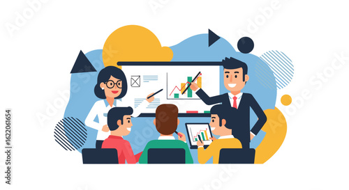 Business team meeting, brainstorming ideas, analyzing data graphs. Perfect for presentations, reports, and websites.