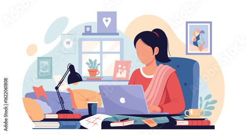 Woman working from home on laptop, perfect for blog posts about remote work or freelance lifestyle.