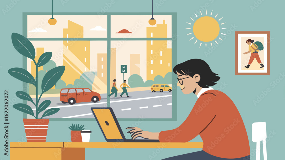 Fototapeta premium Woman working from home on laptop, city view from window, ideal for remote work, freelance, and productivity content.