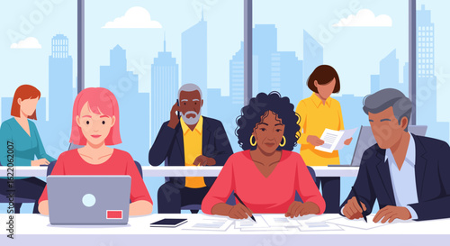 Diverse team of professionals working together in a modern office, ideal for a business website or brochure.