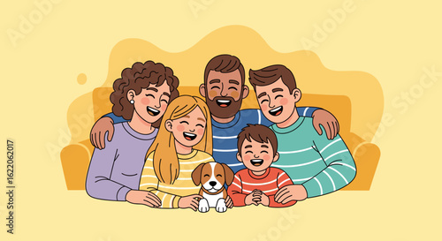 Happy family with dog illustration for websites, brochures, and family-themed projects.