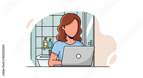 Woman working on laptop in bathroom, perfect for blog post about work-life balance or remote work.