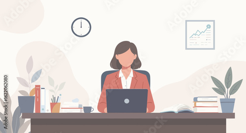 Businesswoman working on laptop in modern office. Ideal for websites, presentations, and marketing materials.