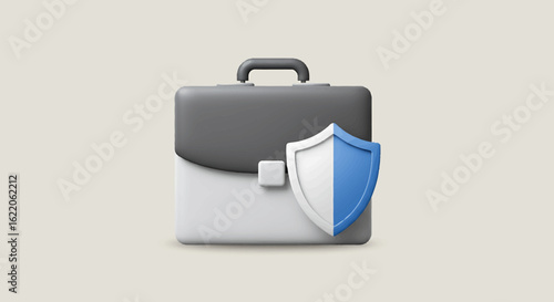 A 3D rendering of a briefcase protected by a blue and white shield, representing security.