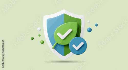 A 3D rendered shield with a leaf and checkmark, symbolizing environmental protection and approval.