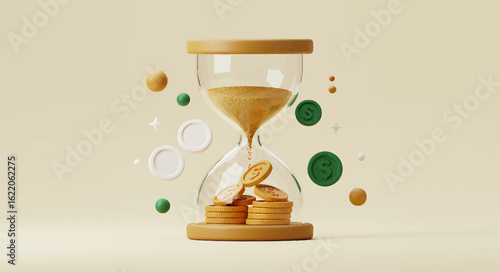 Hourglass with coins flowing, symbolizing the passage of time and the value of money.