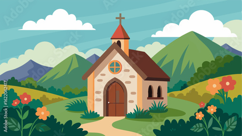 Surrounded by rolling hills and wildflowers a small church with a thatched roof and rustic wooden doors exudes oldworld charm.
