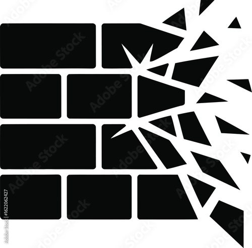 Black brick wall breaking apart with sharp geometric shards