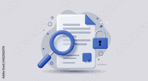 Secure document analysis: magnifying glass and padlock on important paperwork.