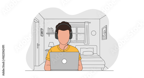 Person working from home on laptop, wearing headphones. Ideal for blog posts, websites, and articles about remote work.