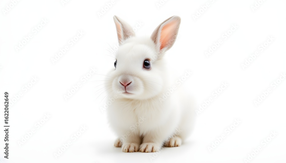 Obraz premium A fluffy, young rabbit, characterized by its soft, snow white fur, sits attentively against a stark white backdrop. Its large, round eyes, a gentle shade of brown, convey an innocent curiosity