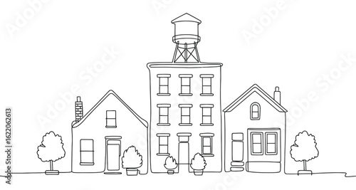 Continuous line drawing of urban buildings with water tower and minimal foliage, stylish cityscape sketch for architectural and design use