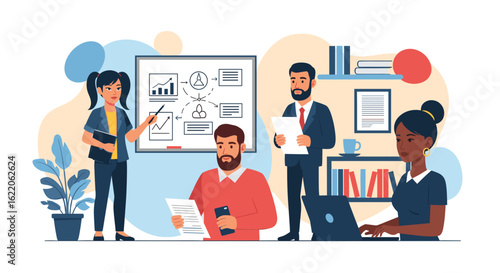 Diverse business team collaborating on a project, perfect for website landing pages or presentations.