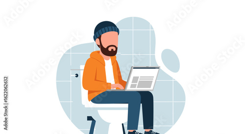 Man working on laptop while sitting on toilet - Illustration for blog, article or website.
