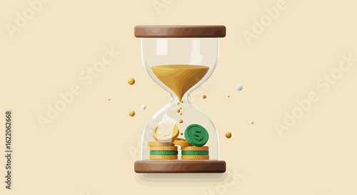A 3D rendered hourglass with sand flowing onto stacks of coins, symbolizing time and money.