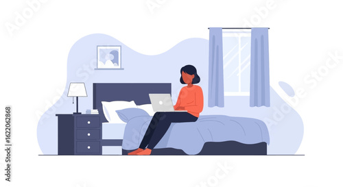 Woman working on laptop in bed - perfect for websites or blogs about remote work, work-life balance, or comfortable home offices.