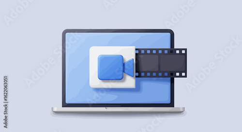 Laptop screen displaying a video icon with film strip emerging, representing online video creation or editing.