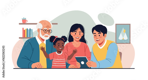 Happy multigenerational family using a tablet together – perfect for family, technology, and connection themes.