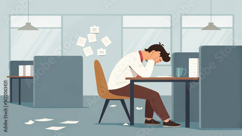 Overwhelmed businessman sitting at his desk, perfect for illustrating stress, burnout, or deadline pressure in articles and presentations.