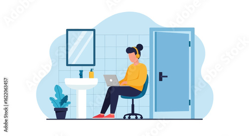 Woman working on laptop in bathroom, perfect for articles about remote work, work-life balance, or modern lifestyle.