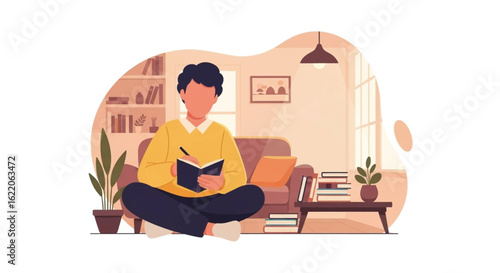 Person writing in a notebook, sitting cross-legged on the floor at home. Perfect for blogs, websites, or articles about writing, journaling, or self-reflection.