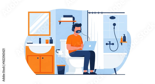Man working on laptop in bathroom, illustration for articles about remote work, work-life balance, or modern lifestyle.