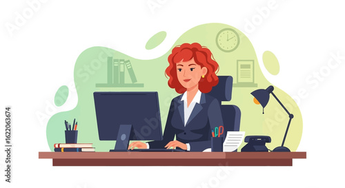 Businesswoman working at her desk, perfect for website banners, brochures, or presentations about business, work, and success.