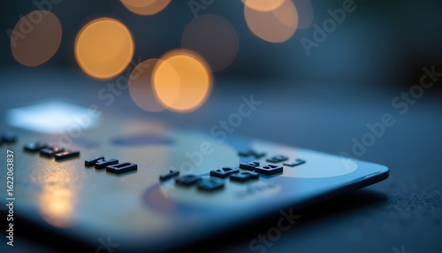 A macro shot focusing on the raised numbers and security chip of a plastic card, partially obscured by a soft, shallow depth of field