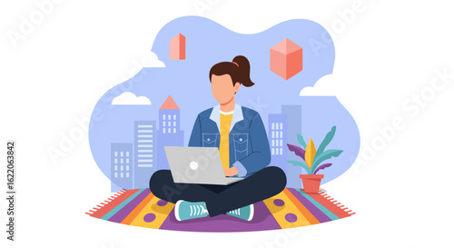 Woman working on laptop outdoors, city background. Perfect for website banners, blogs, and articles about remote work, freelance, and digital nomad lifestyle.
