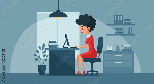 Businesswoman working late at night in her office. Perfect for website banners, blog posts, or presentations about work-life balance.