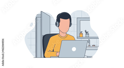 Person working on laptop in bathroom, ideal for articles on remote work, work-life balance, or flexible work arrangements.