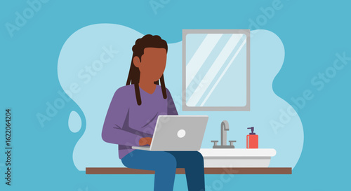 Person working on laptop in bathroom, perfect for articles about remote work or work-life balance.