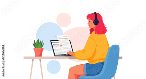 Young woman working from home, using a laptop and headphones. Perfect for illustrating remote work, freelance, or online business concepts.