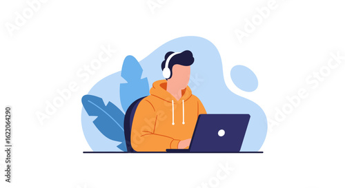 Young man working on laptop with headphones, perfect for website banners or blog posts about remote work, online learning, or freelancing.