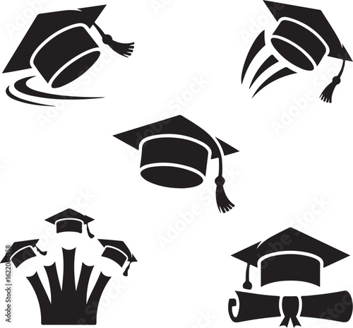 Graduation Cap Toss Solid Icons Pack Cap at Peak Flight, Fling Motion Arrows, Cap with Tassel, Group Cap Toss, and Cap with Diploma Scroll