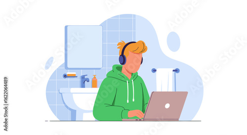 Young man working on laptop in bathroom, perfect for articles about remote work, work-life balance, or modern lifestyle.