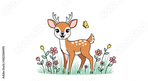 Adorable fawn amongst wildflowers with a butterfly fluttering nearby in a pastel garden scene
