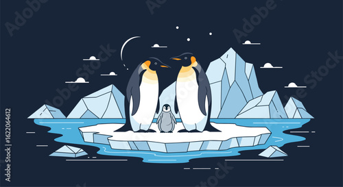 Captivating pixel art scene of emperor penguins and their chick amidst an icy antarctic landscape under a starry night sky
