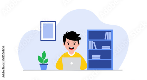Happy boy working on laptop, perfect for websites, blogs, and educational materials.
