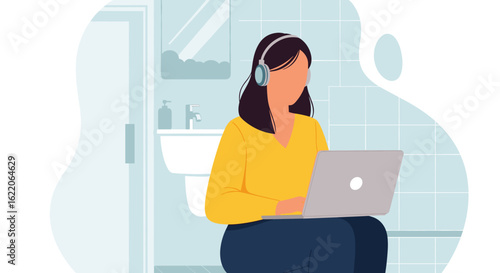 Woman working on laptop in bathroom, ideal for articles about remote work, multitasking, or work-life balance.