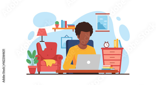 Person working from home on laptop, ideal for remote work, freelance, and work-life balance concepts.