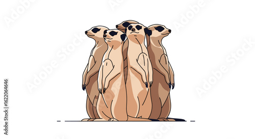 A close up group of alert meerkats standing together in a circle vigilant and observing their surroundings