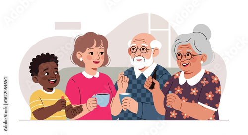 Multigenerational family gathering, perfect for illustrating family, togetherness, and intergenerational bonds on websites or brochures.