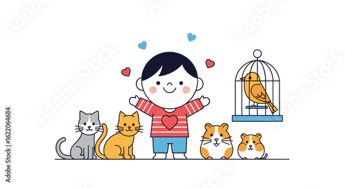A happy child surrounded by beloved companion animals and a cheerful pet bird in a cage celebrating friendship and joyful bonds