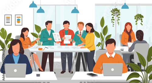 Diverse team collaborating in a modern office, ideal for business presentations or website banners.